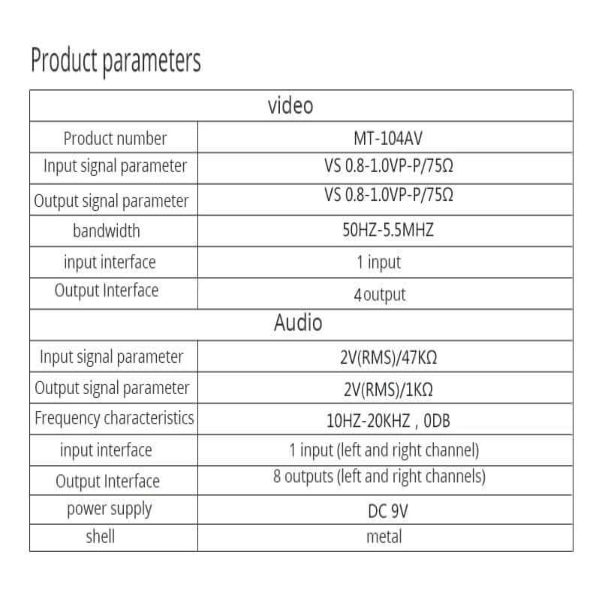 Technical specifications for MT-104AV: Supports 480P resolution, 5.5MHz bandwidth, and DC 9V power.