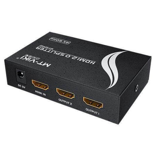2-port HDMI 2.0 splitter with one input and two outputs, supporting 4K and 3D video.