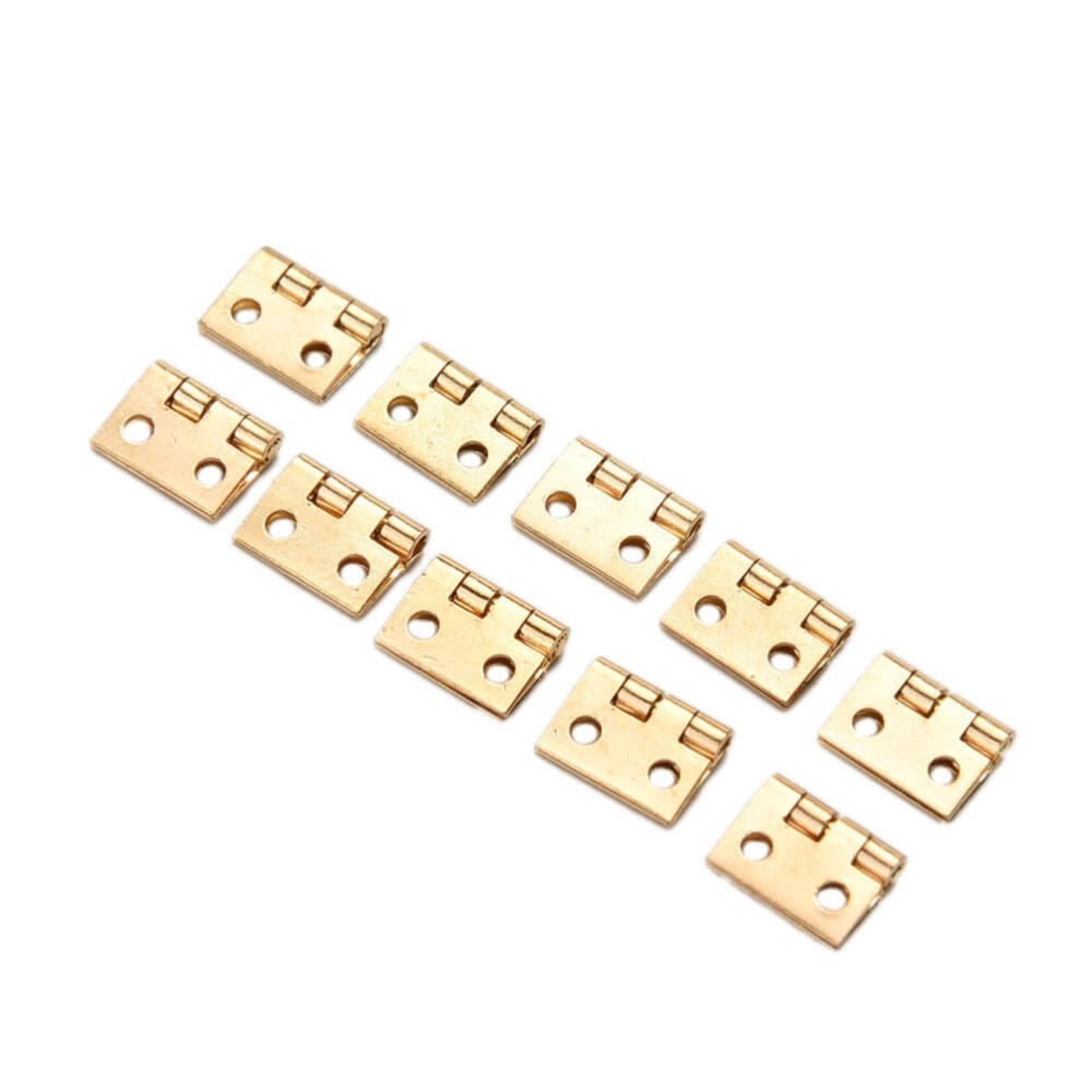 Ten copper gold mini hinges neatly arranged, each hinge featuring four mounting holes.