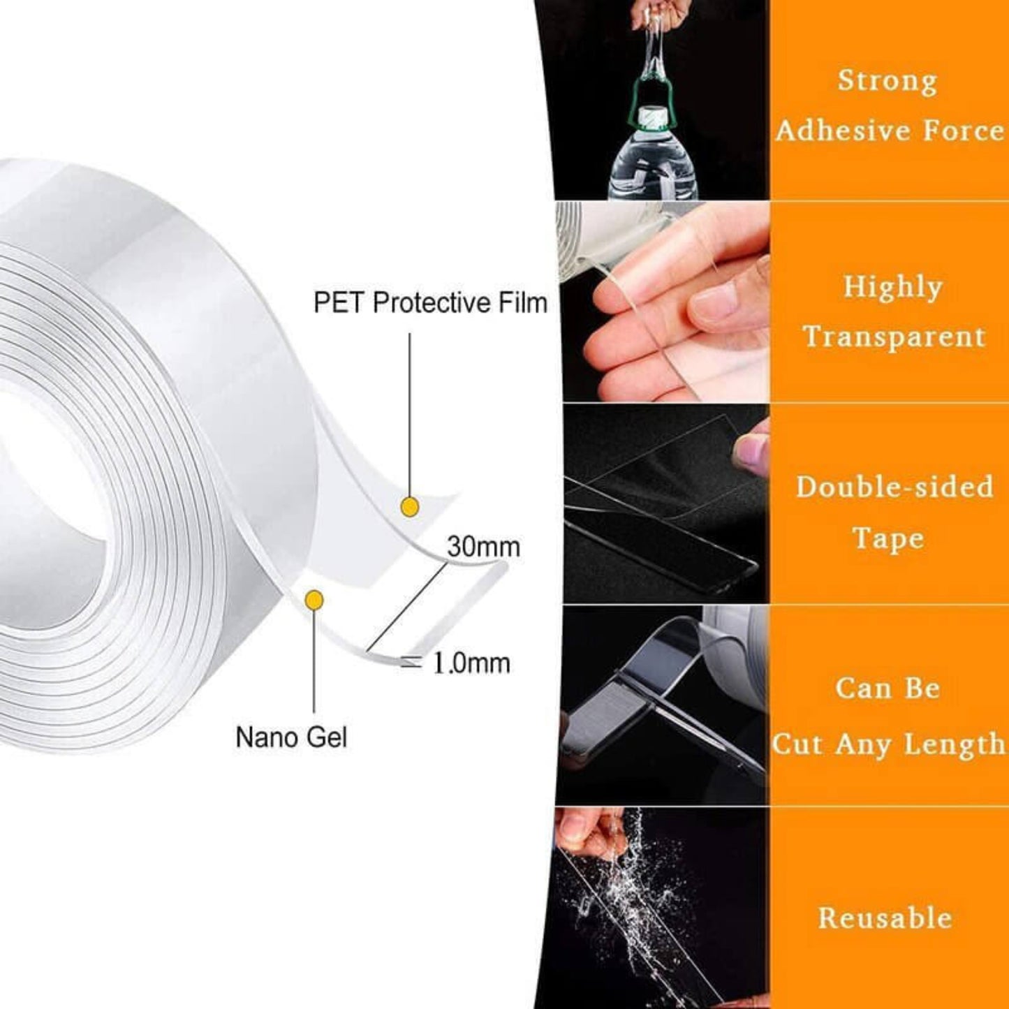 Reusable Nano Adhesive Tape with strong adhesive force, double-sided, highly transparent, and customizable length.