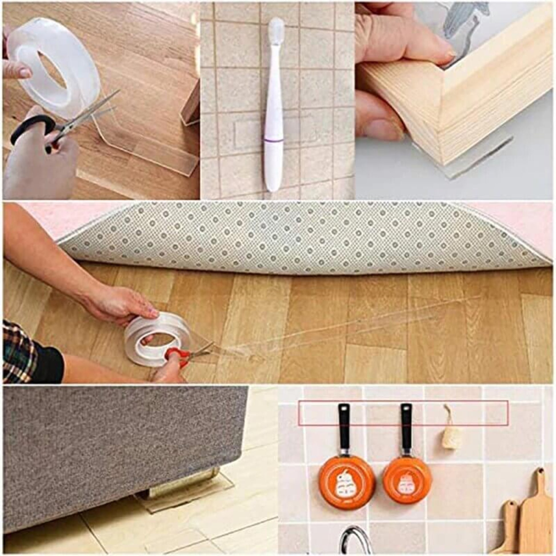 Image showcasing various uses of Reusable Nano Adhesive Tape for home organization and repairs, including cutting and applying.