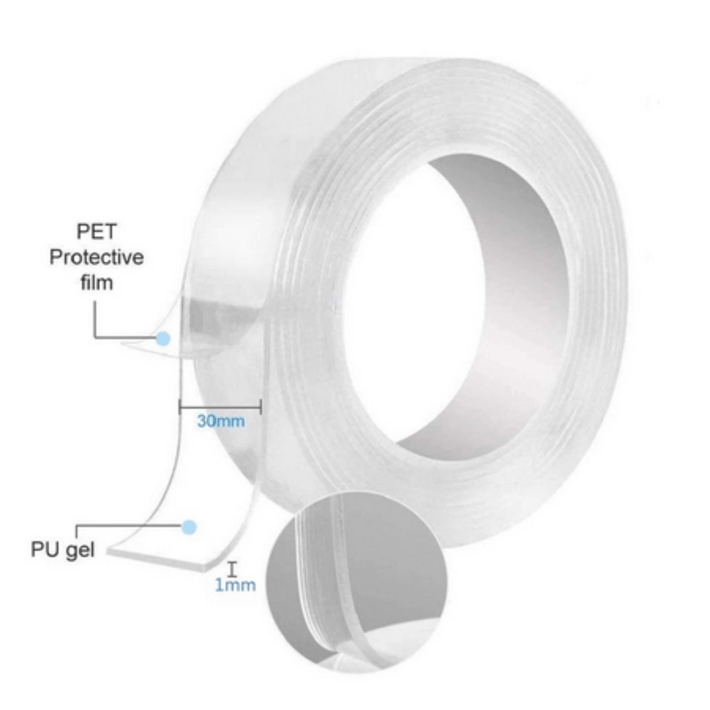Clear reusable nano adhesive tape roll showing PET protective film and PU gel design, ideal for various household uses.