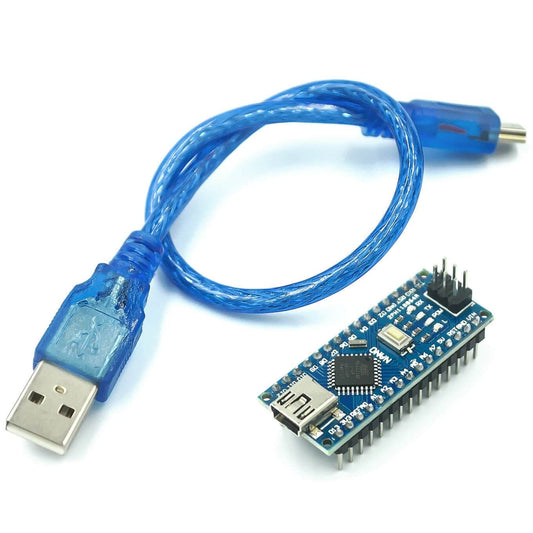 Nano V3.0 ATmega328P microcontroller board with CH340G USB cable, ideal for electronics projects.