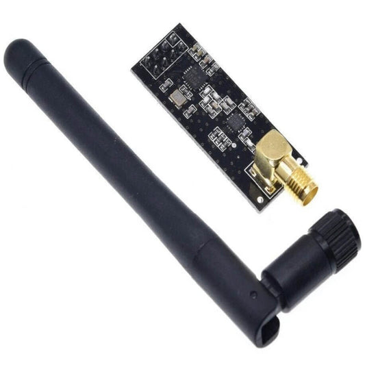 NRF24L01+PA+LNA 2.4GHz wireless transceiver module shown next to its included black SMA antenna for long-distance IoT projects.