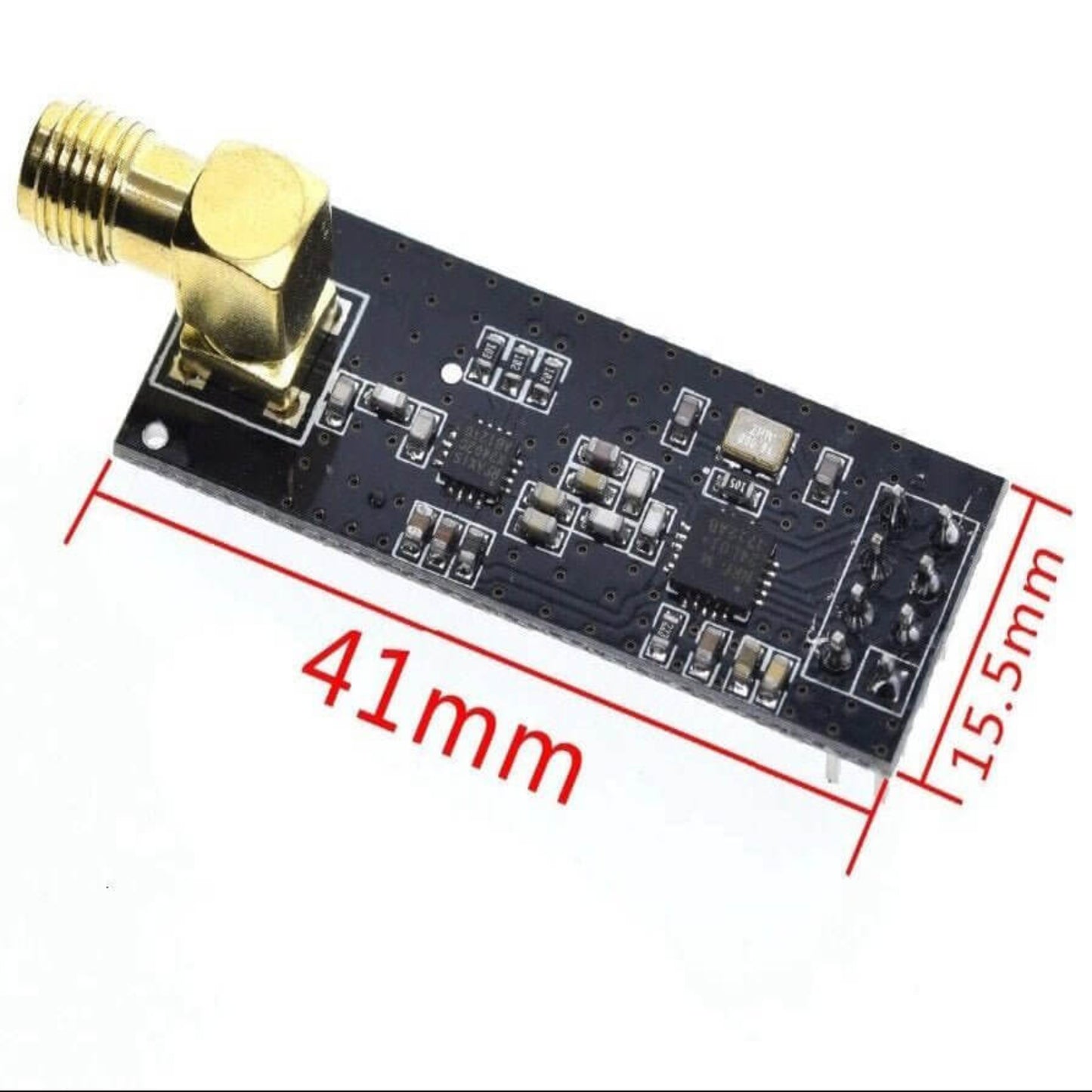 Close-up of the NRF24L01+PA+LNA circuit board highlighting its compact 41mm by 15.5mm dimensions and gold SMA connector.