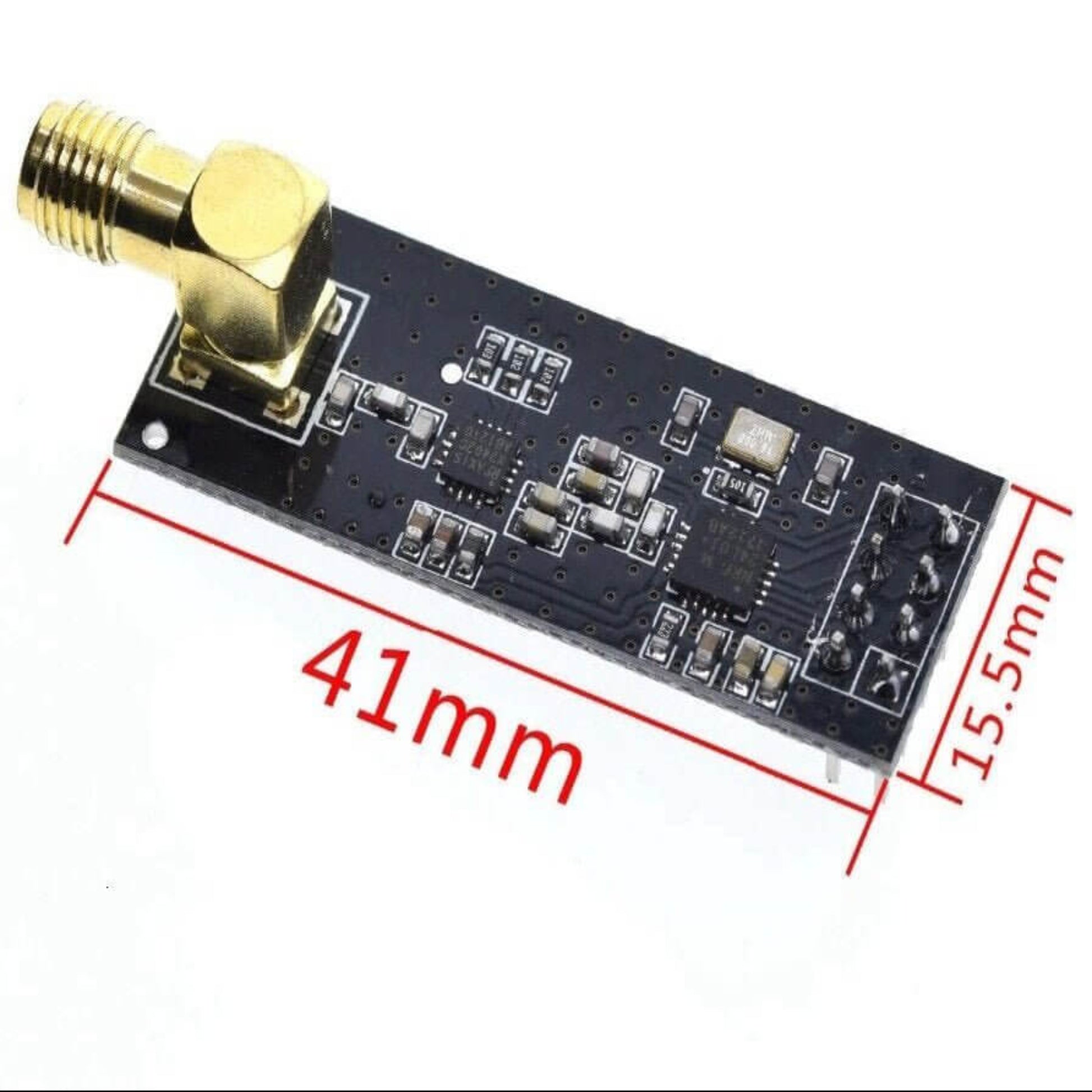Close-up of the NRF24L01+PA+LNA circuit board highlighting its compact 41mm by 15.5mm dimensions and gold SMA connector.