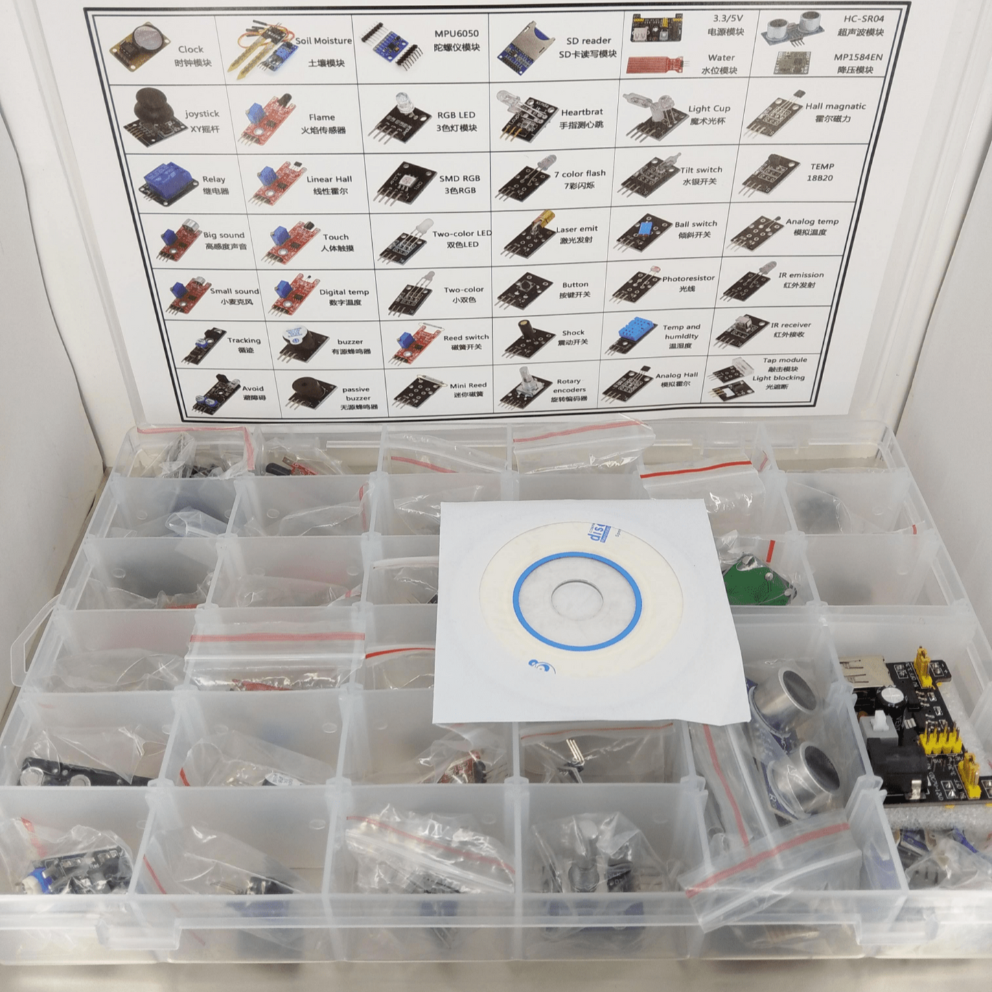 43 in 1 Sensor Kit for Arduino with organized modules in a storage box, ideal for beginners and DIY projects.