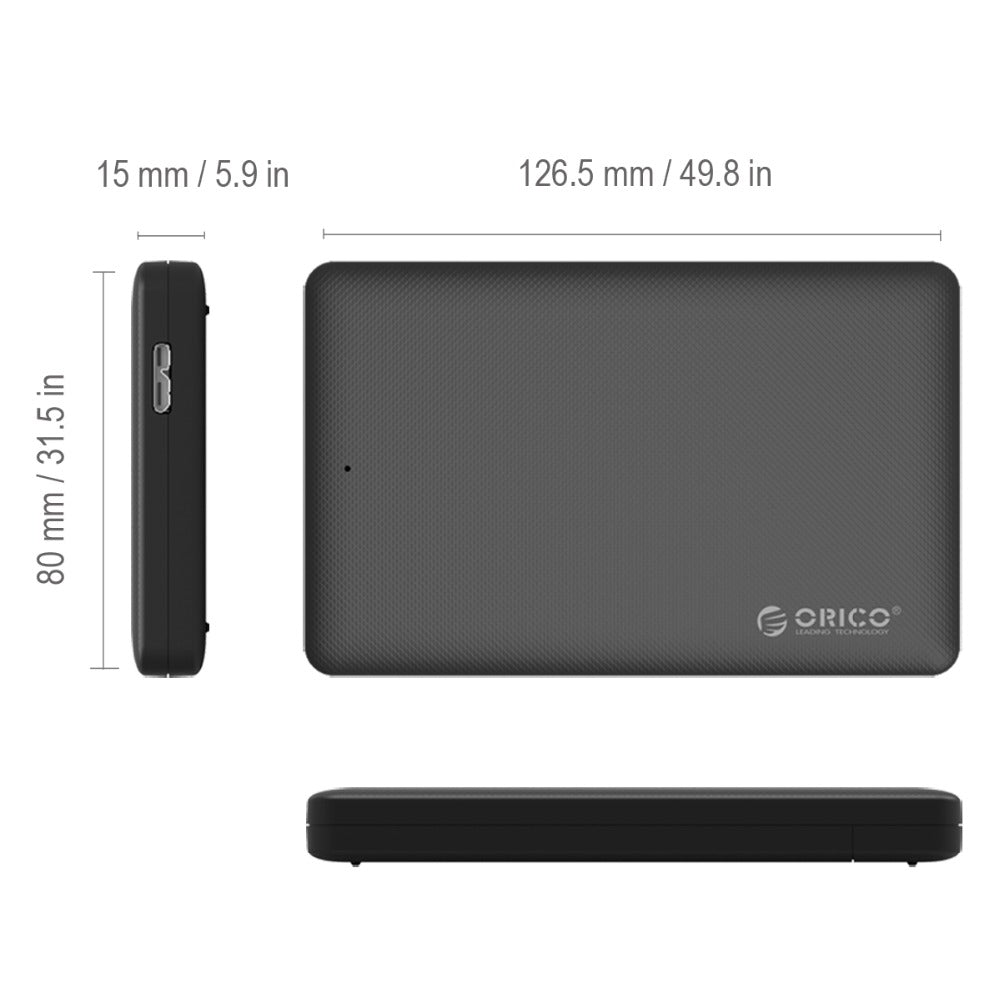 ORICO 2.5" USB 3.0 External HDD Enclosure dimensions: 126.5mm x 80mm x 15mm.