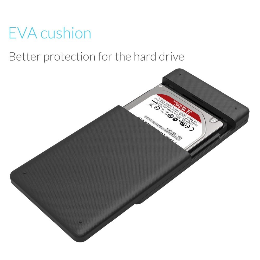 EVA cushion external HDD enclosure providing better protection for 2.5-inch hard drives.