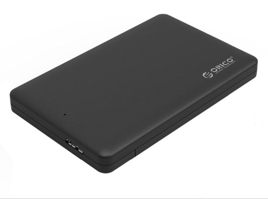 ORICO 2.5-inch USB 3.0 external HDD enclosure in black, designed for durability and fast data transfer.