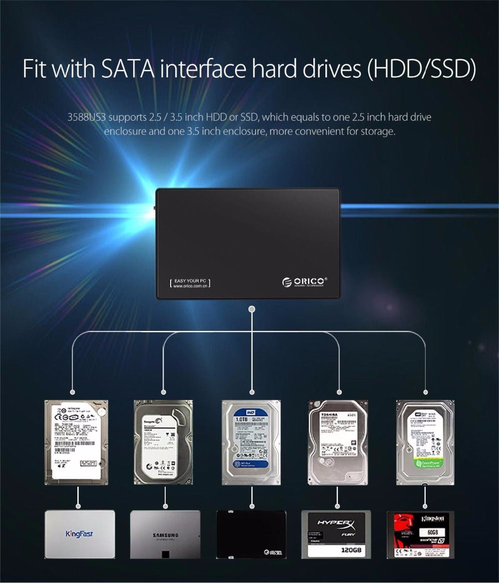 ORICO 3588US3 HDD enclosure showcasing compatibility with 2.5" and 3.5" SATA drives for easy storage solutions.