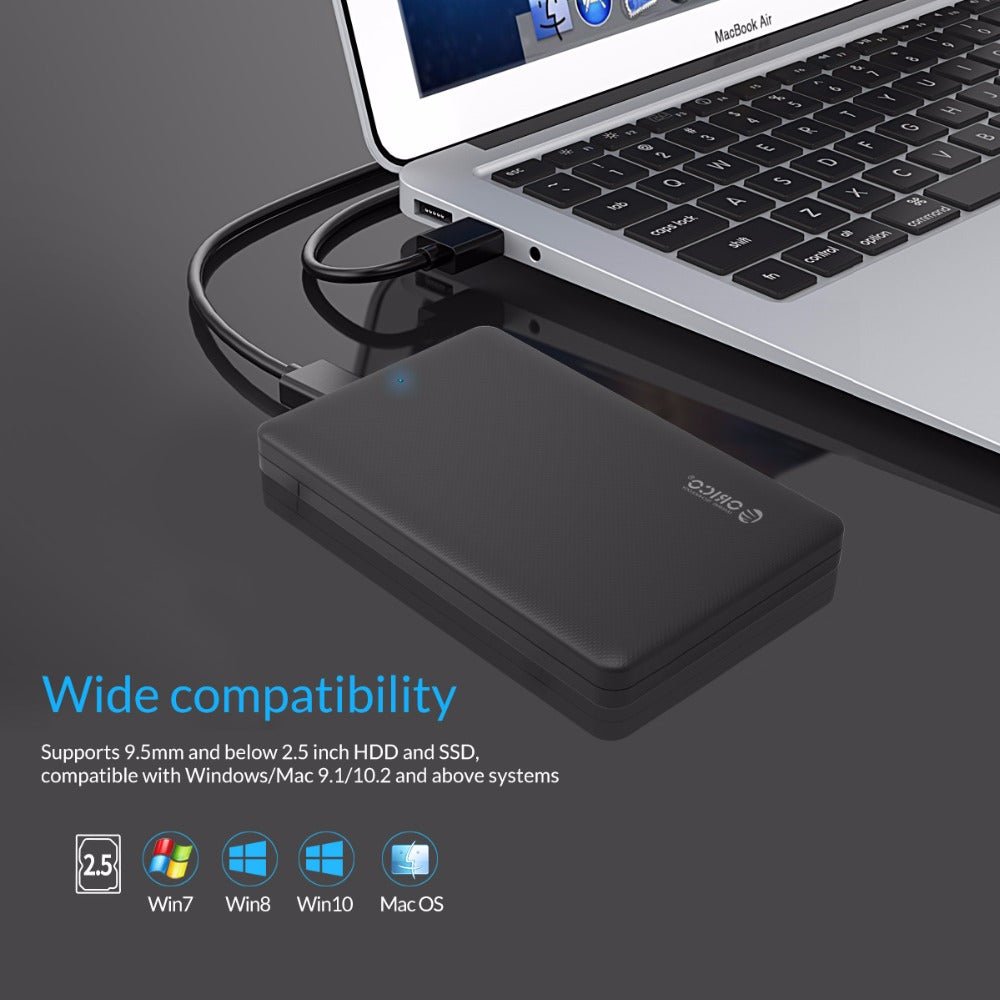 ORICO 2.5" USB 3.0 external HDD enclosure connected to a laptop, showcasing wide compatibility with various operating systems.