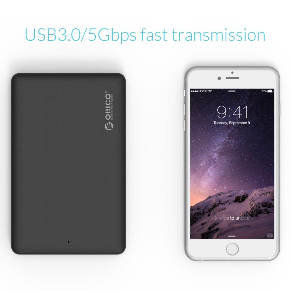 ORICO 2.5" USB 3.0 external HDD enclosure with fast 5Gbps data transmission next to smartphone.