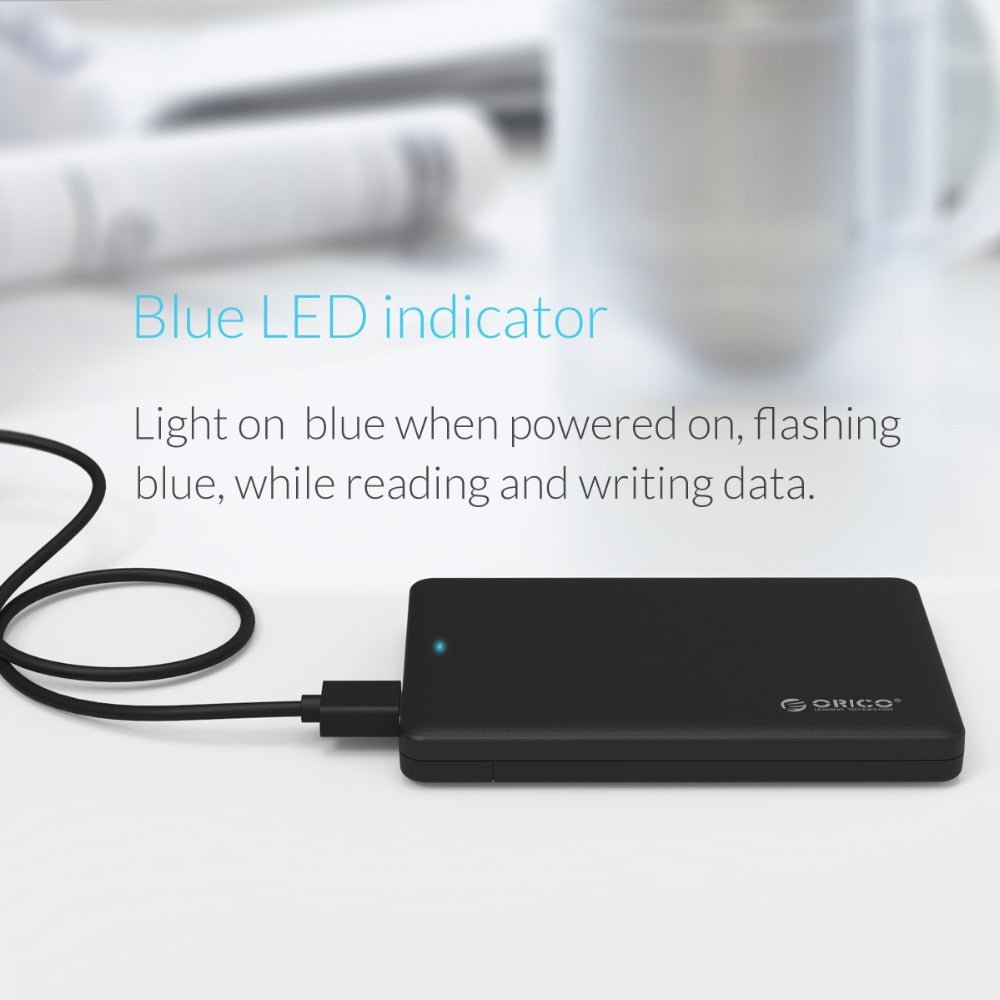 ORICO 2.5" USB 3.0 HDD enclosure featuring a blue LED indicator for power and data transfer status.