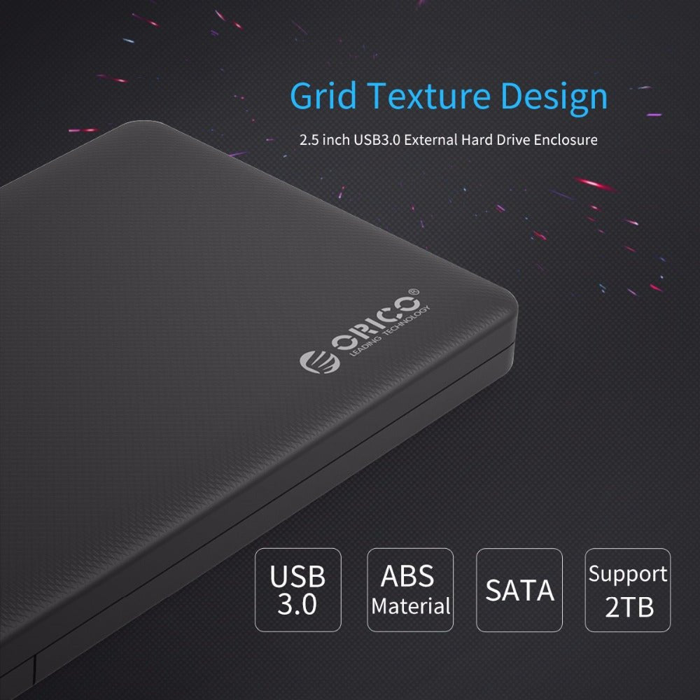 ORICO 2.5-inch USB 3.0 external HDD enclosure with grid texture design, supports SATA and up to 2TB storage.