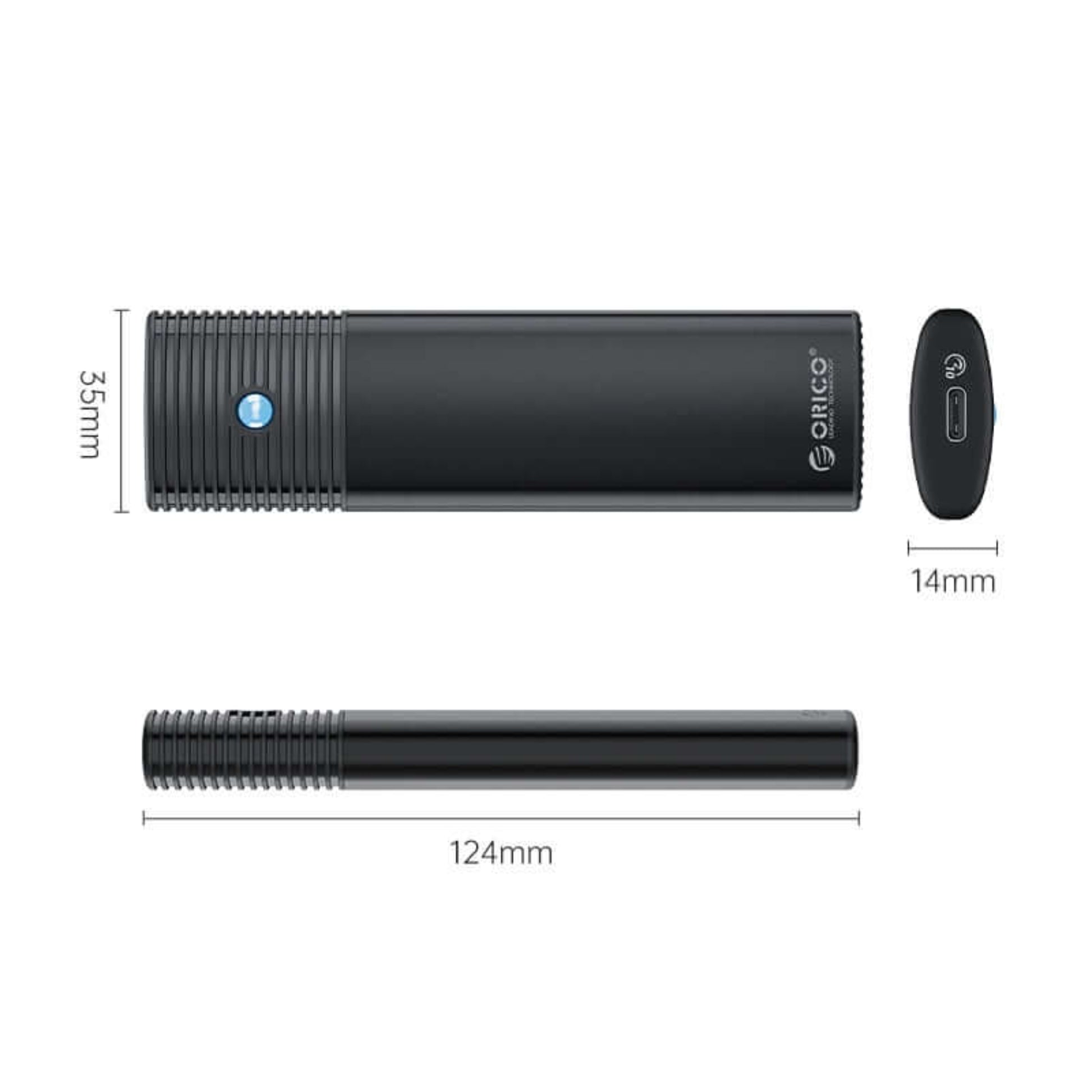 Diagram showing the dimensions of the ORICO M.2 SSD enclosure: 124mm long, 35mm wide, and 14mm thick.