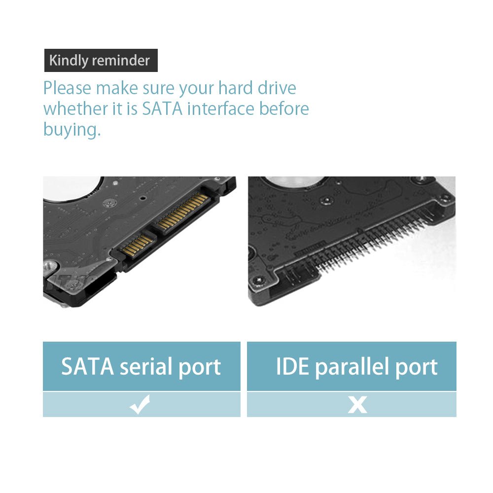 Comparison of SATA and IDE hard drive interfaces with reminder text for compatibility check.