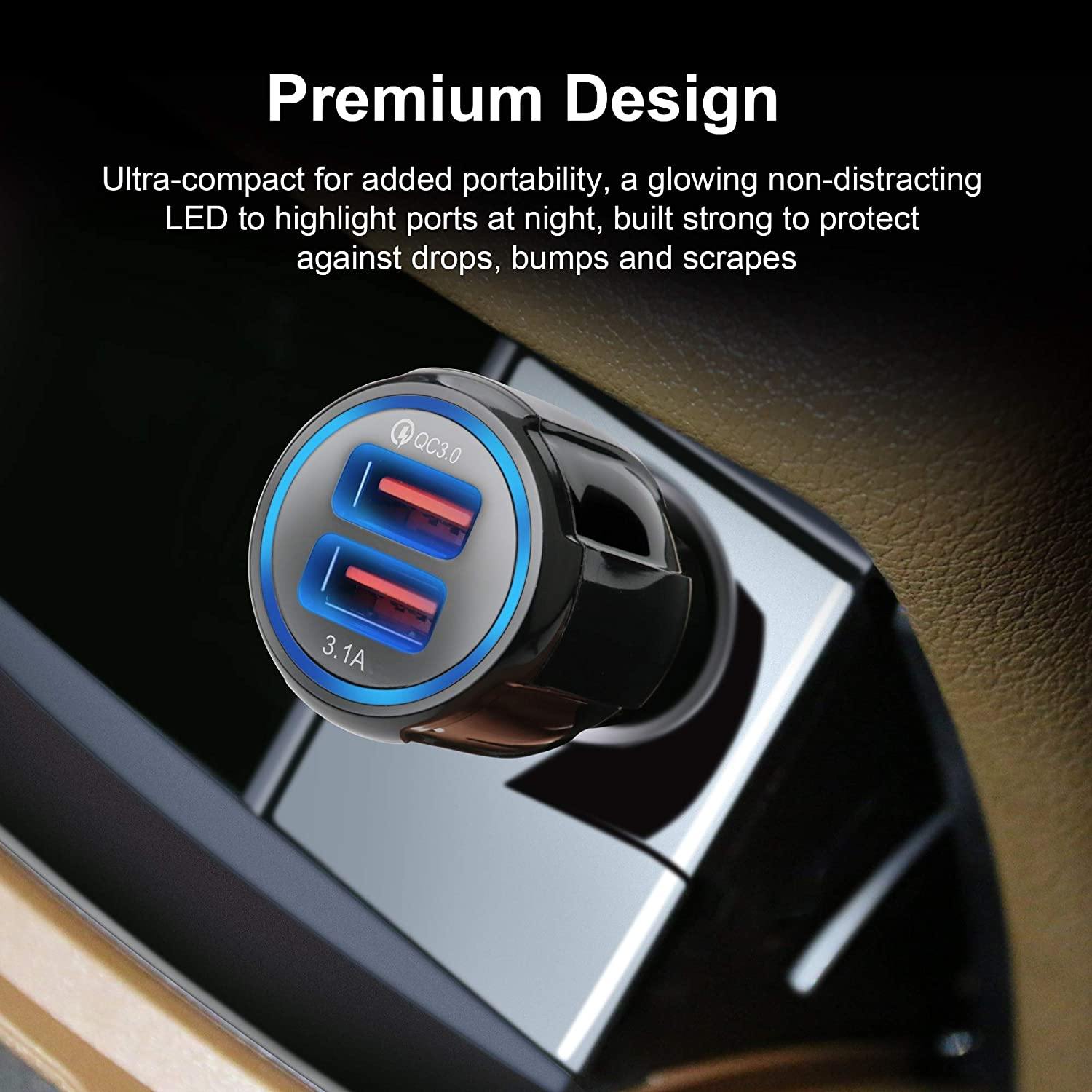 ORIX Force 雙USB車用充電器插入車內點煙器插座，突出其發光LED和緊湊設計。