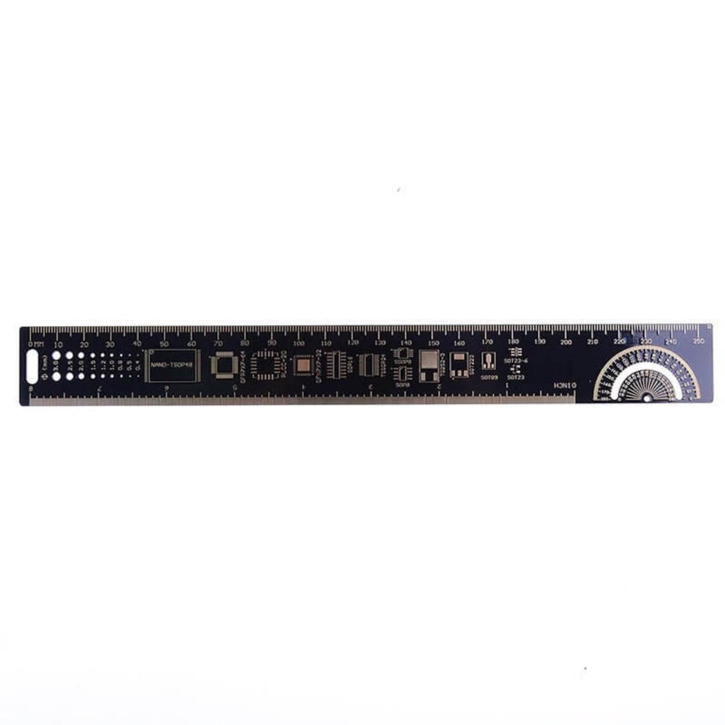 25cm multifunctional PCB ruler measuring tool with millimeter and inch scales, angle gauges, and package references.