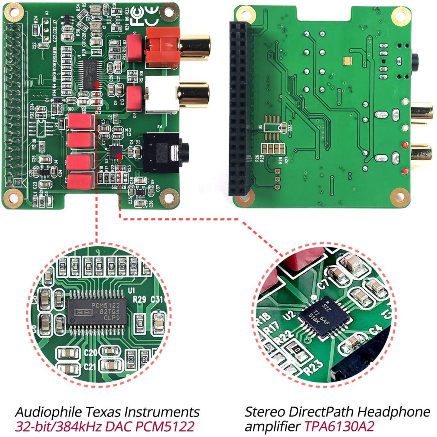 Raspberry Pi HiFi DAC board with PCM5122 DAC, TPA6130A2 amplifier, showcasing high-quality audio components.