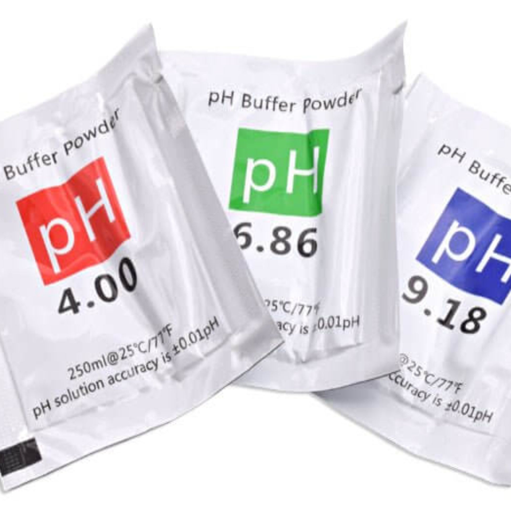 pH buffer powder packets in various pH values: 4.00, 5.86, and 9.18 for accurate calibration.