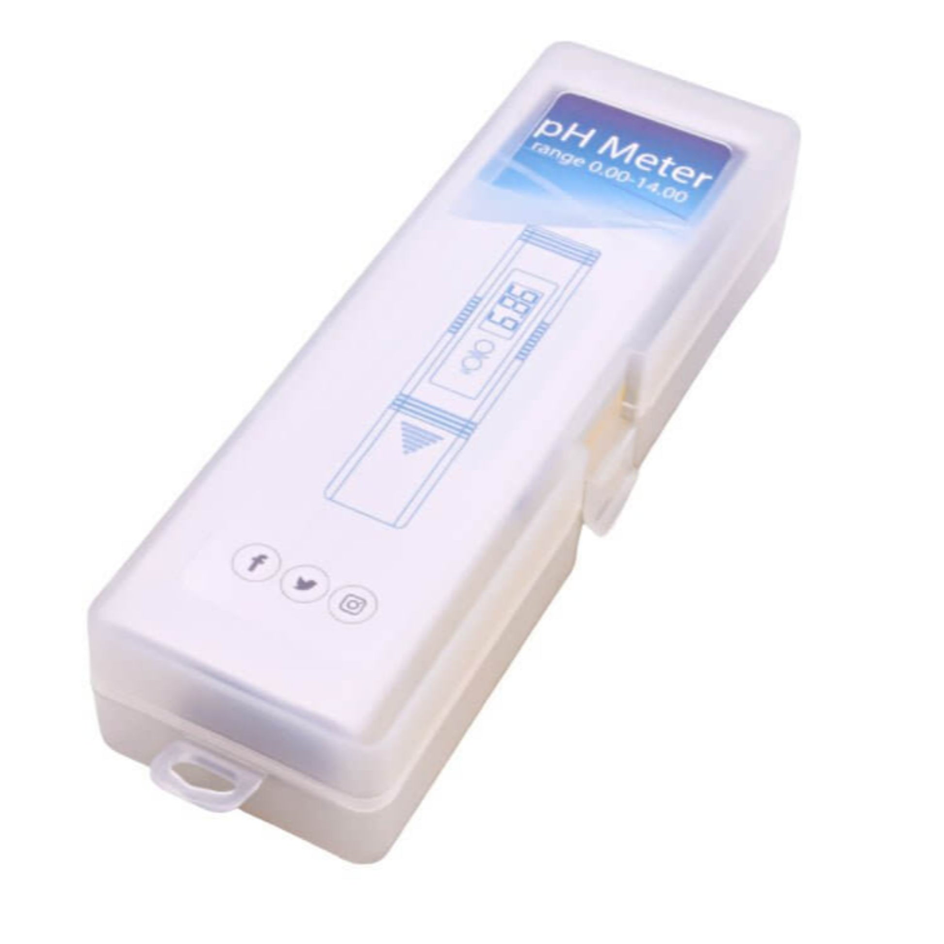 Digital pH pen meter in protective case, measuring range 0.00–14.00, ideal for water and lab testing.