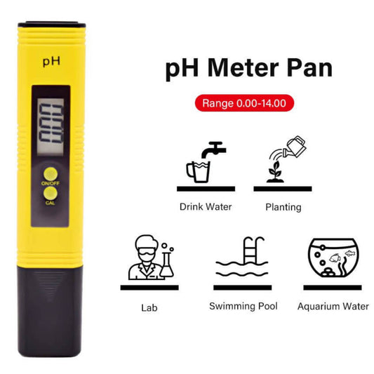 Digital pH pen tester meter in yellow, measuring range 0.00–14.00, for water, lab, hydroponics, and swimming pools.