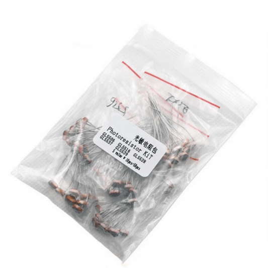 50-piece photoresistor LDR kit package for Arduino including GL5506 to GL5539 models.