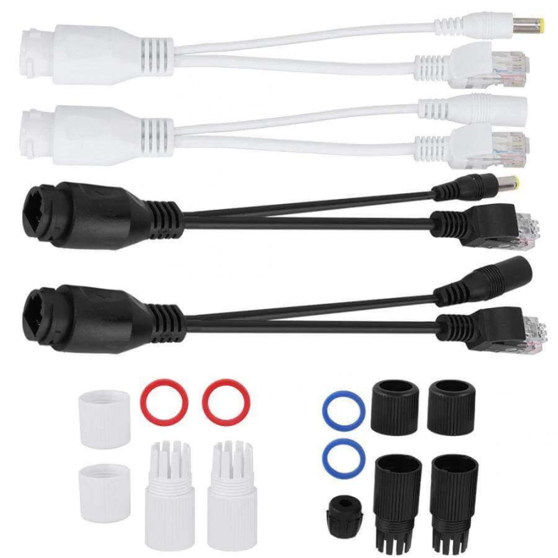 White and black PoE power cable set with waterproof connectors and sealing rings for various installations.