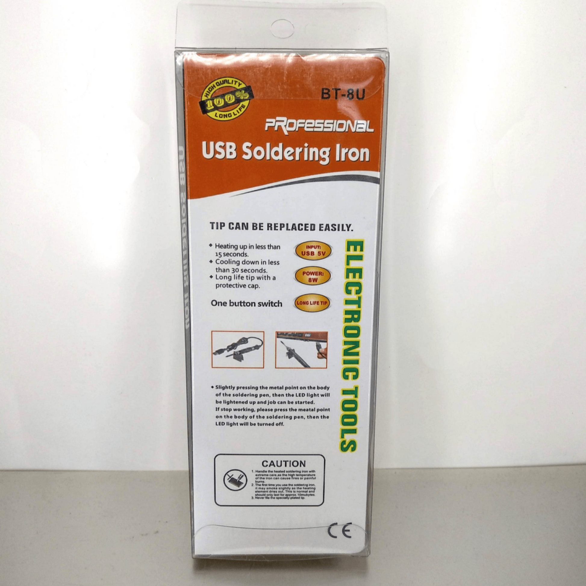 USB soldering iron packaging showing product features and one-button switch for easy use.
