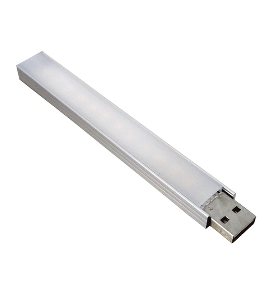 Silver portable USB stick LED light, turned off, showing the USB connector