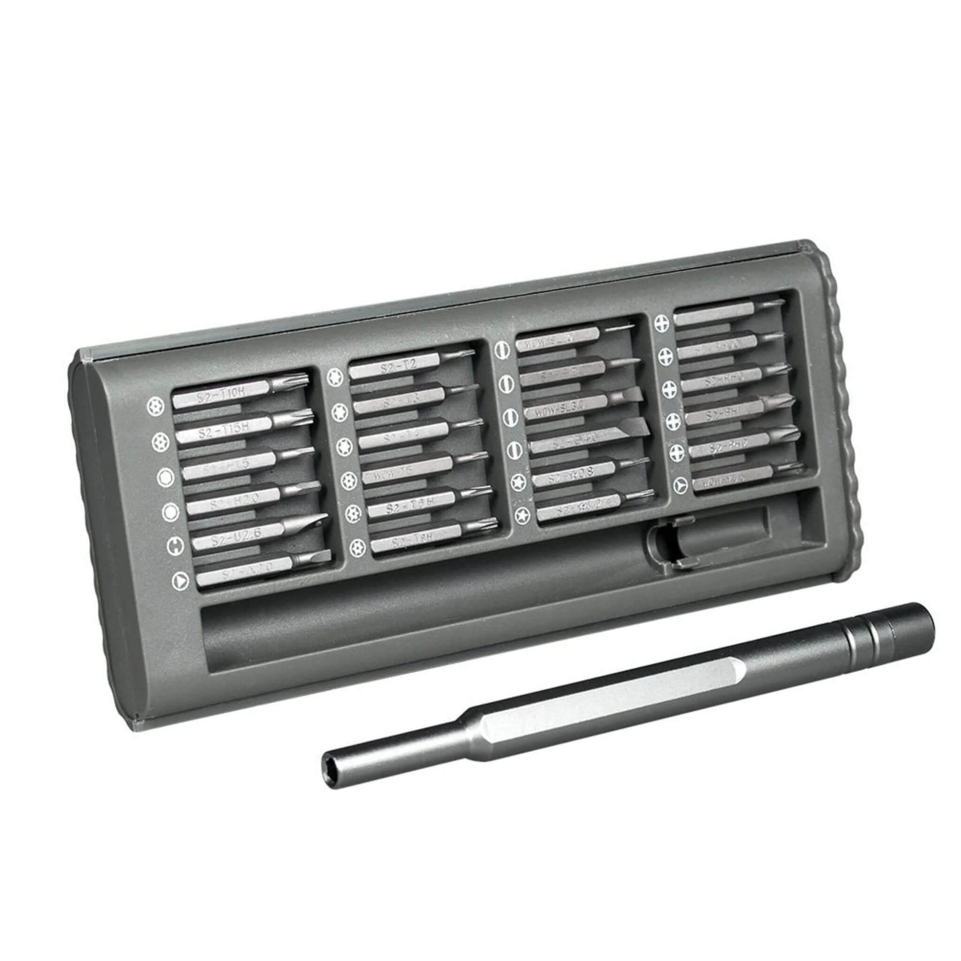 24-in-1 Precision Magnetic Screwdriver Set with aluminum handle and multiple bits for electronics repair.