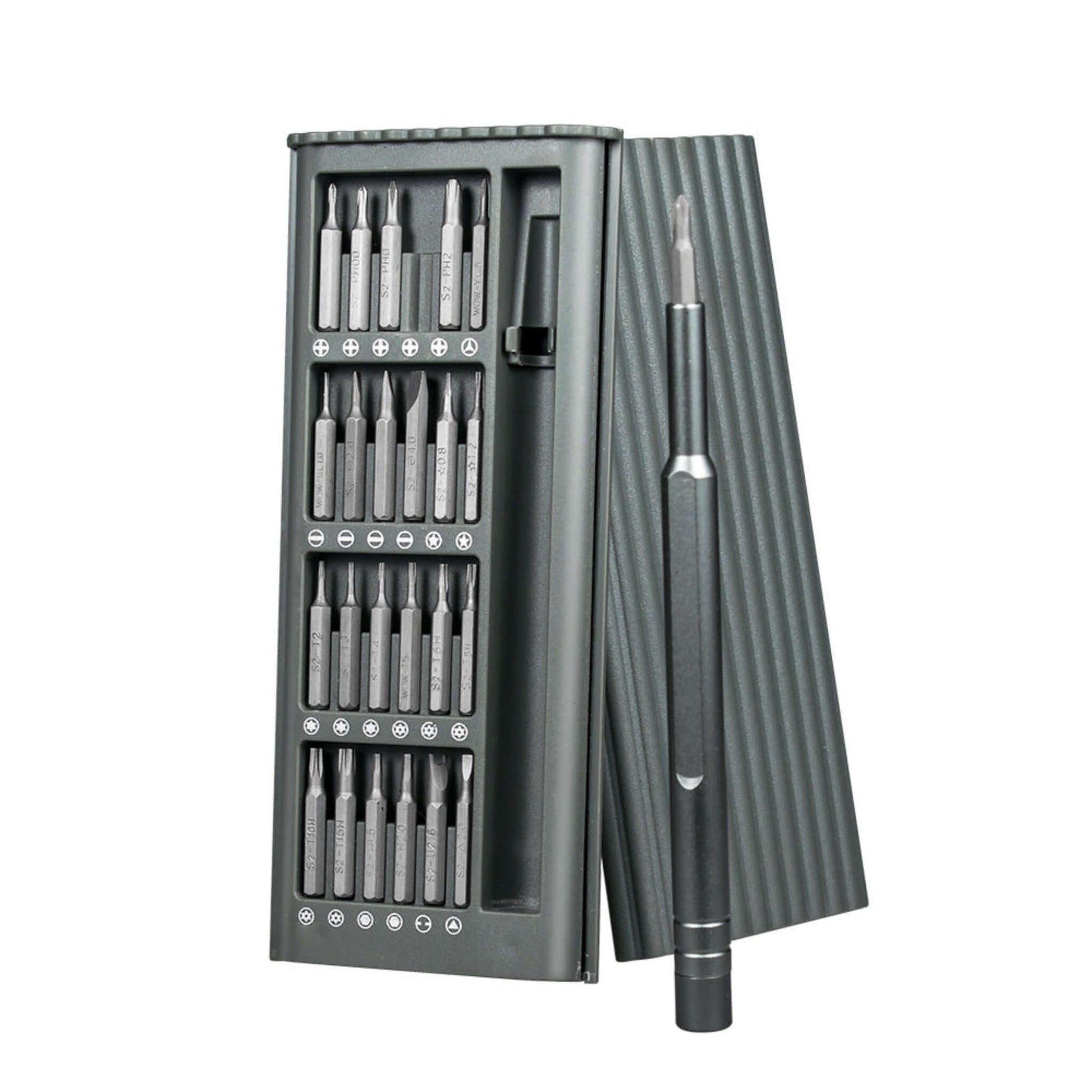 24-in-1 Precision Magnetic Screwdriver Set with aluminum handle and various bits for electronics repair.