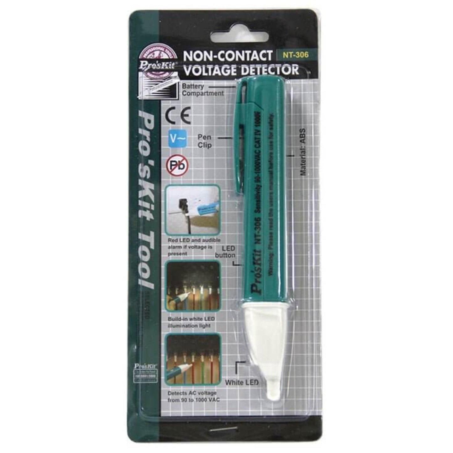 Pro'sKit NT-306 Non-Contact Voltage Detector Pen Tester for safe AC voltage detection from 90V to 1000V.
