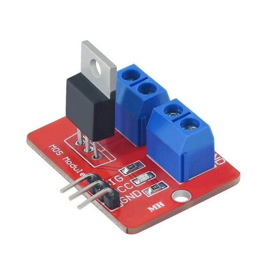 IRF520 PWM MOS driver module with blue terminals for Arduino and Raspberry Pi, enables PWM dimming for devices.