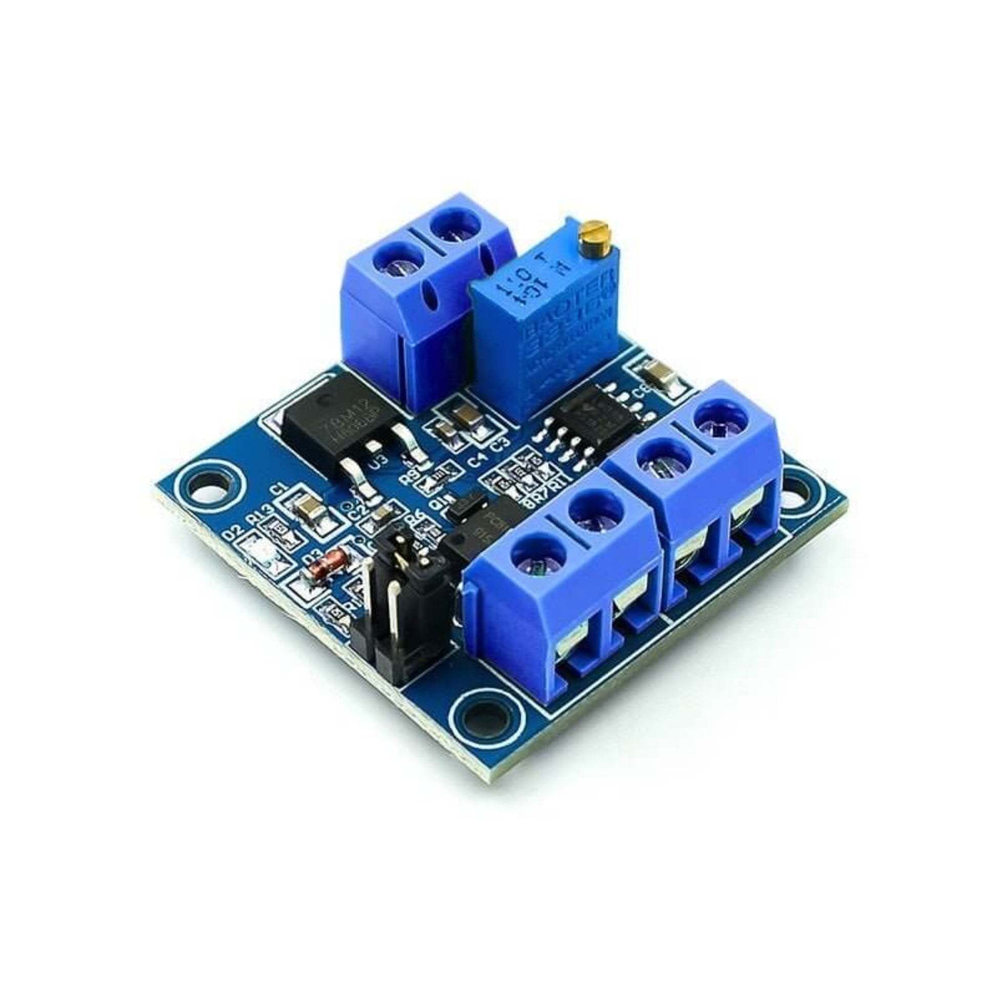 Top angle view of the PWM to 0-10V voltage converter module showing blue terminal blocks and adjustment potentiometer.