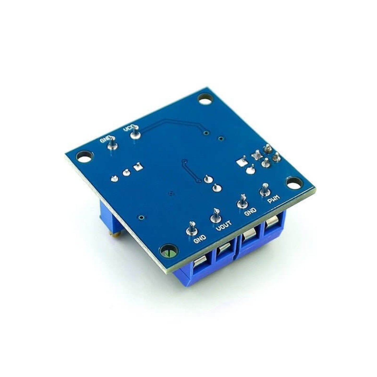 Bottom side of the PWM to voltage circuit board displaying clean solder joints and pin labels like VOUT and PWM.