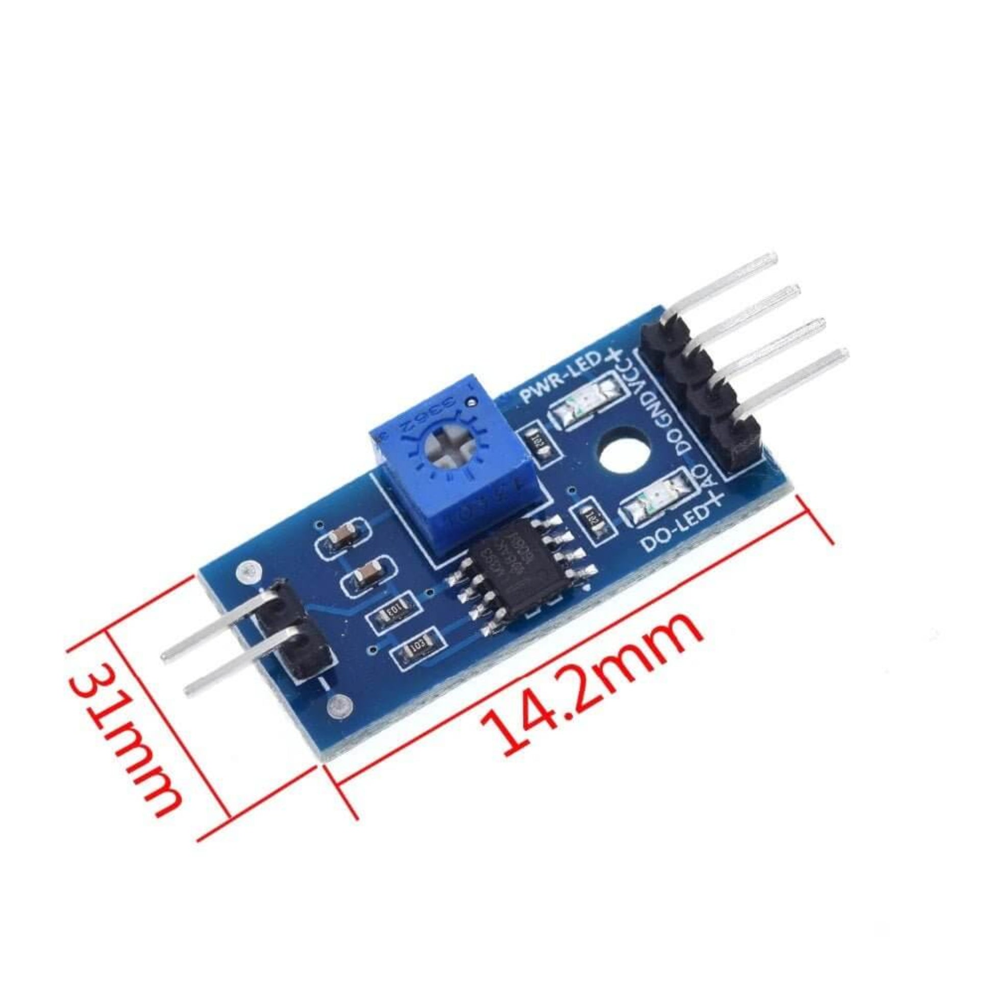 Raindrops detection sensor module for Arduino, features potentiometer, digital output, and compact design, dimensions 14.2mm x 31mm.