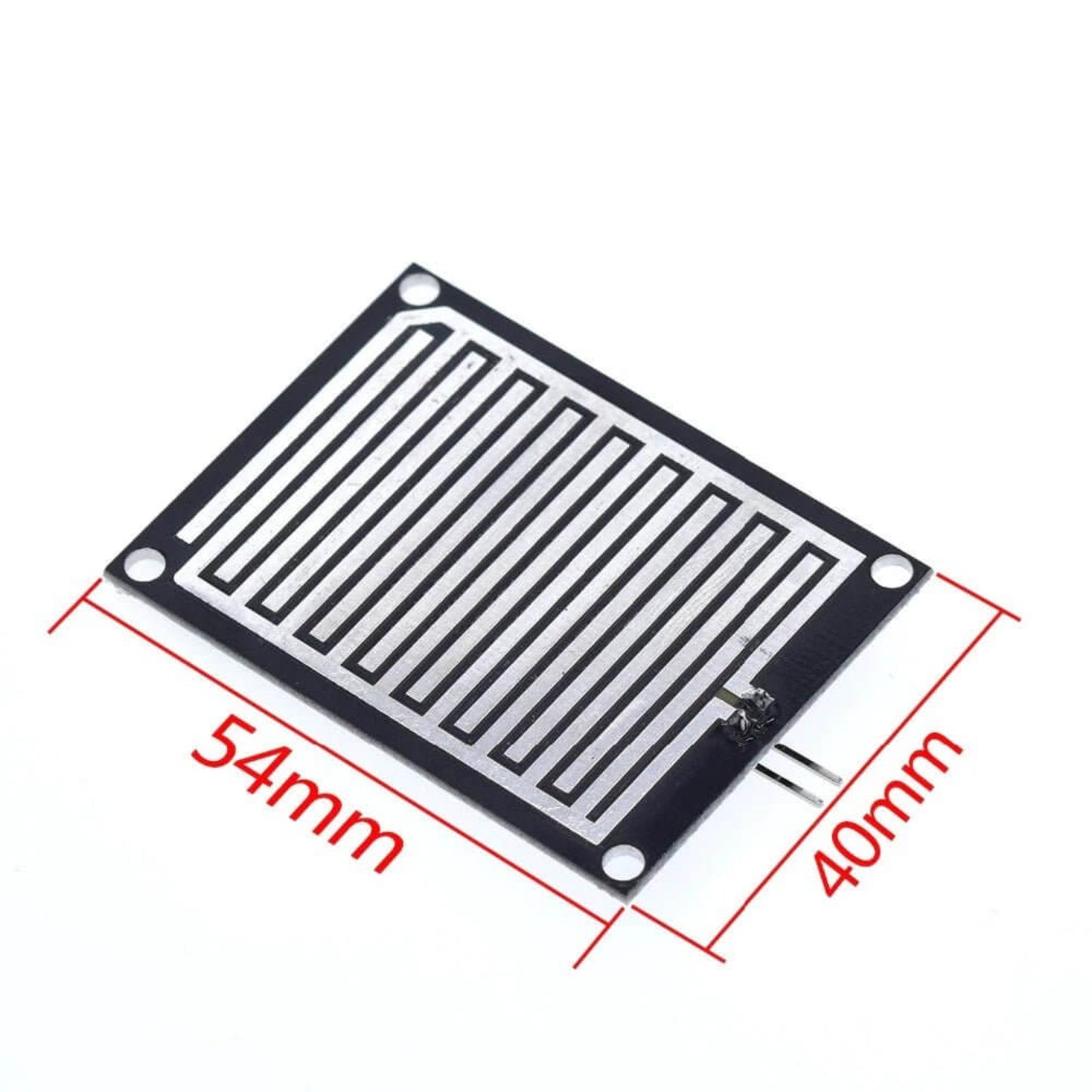 Raindrops detection sensor module with a 54x40mm sensor area for Arduino, featuring nickel plating and sensitivity adjustment.