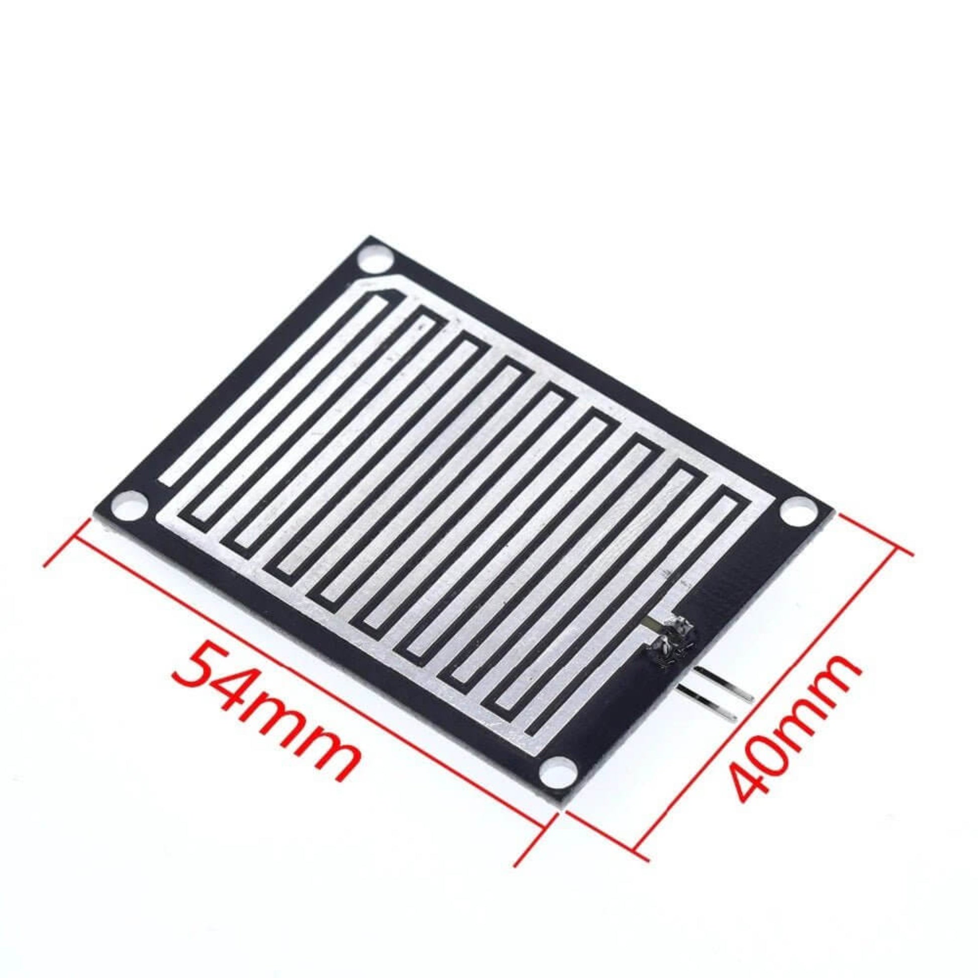 Raindrops detection sensor module with a 54x40mm sensor area for Arduino, featuring nickel plating and sensitivity adjustment.