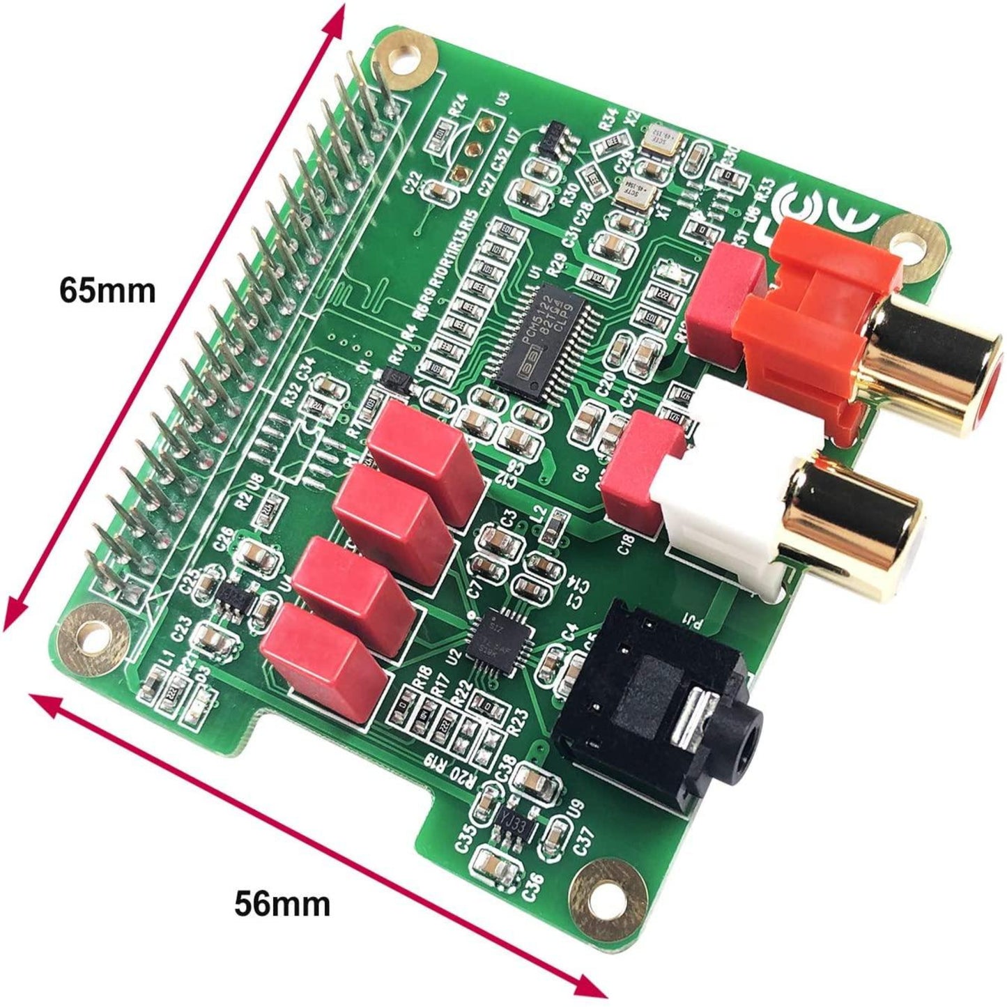 Raspberry Pi HiFi DAC expansion board with connectors, dimensions 65mm x 56mm, perfect for audio enhancement.