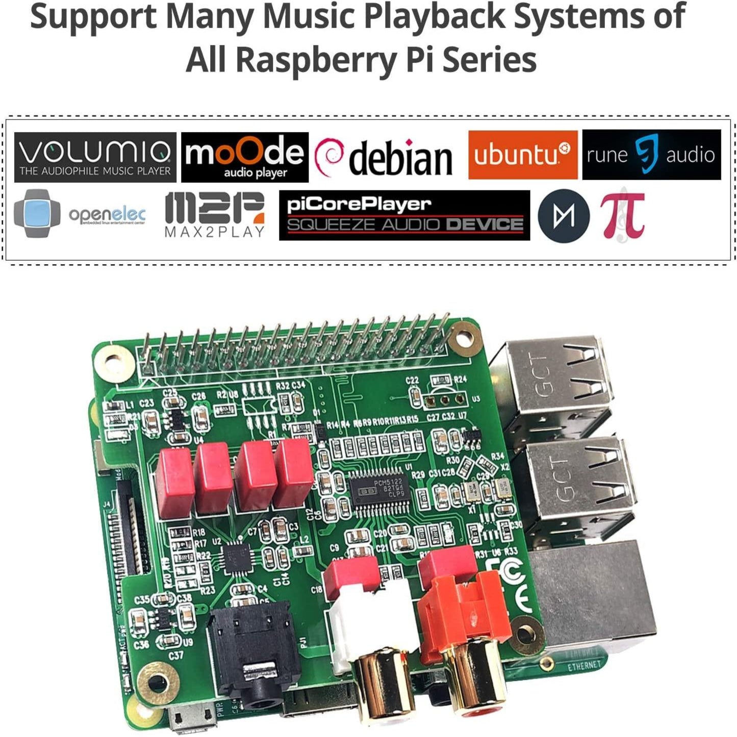 Raspberry Pi HiFi DAC expansion board supporting multiple music playback systems for enhanced audio quality.
