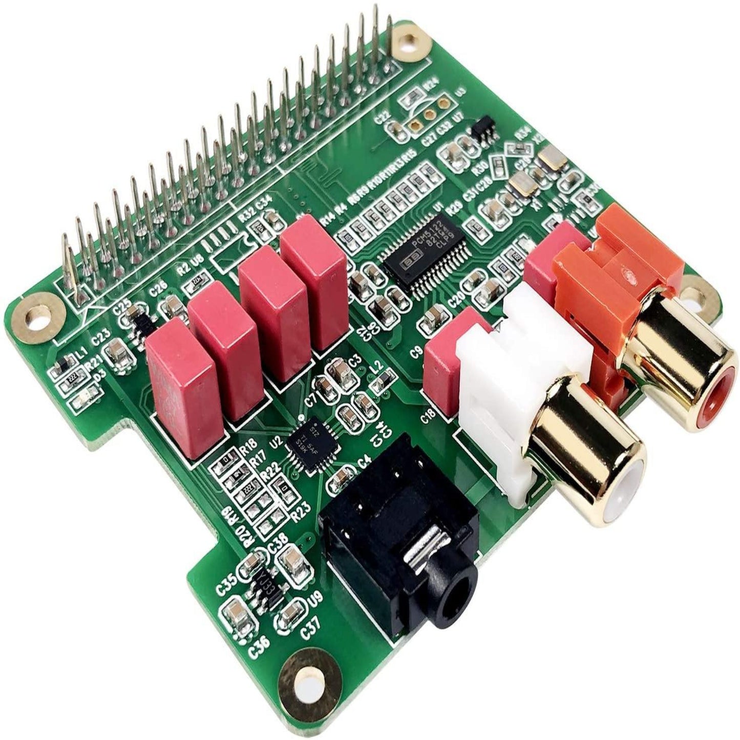 Raspberry Pi HiFi DAC expansion board featuring PCM5122 audio card, RCA outputs, and easy connection for enhanced sound.