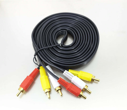 Coiled 3RCA male to male audio video composite cable with red, white, and yellow connectors
