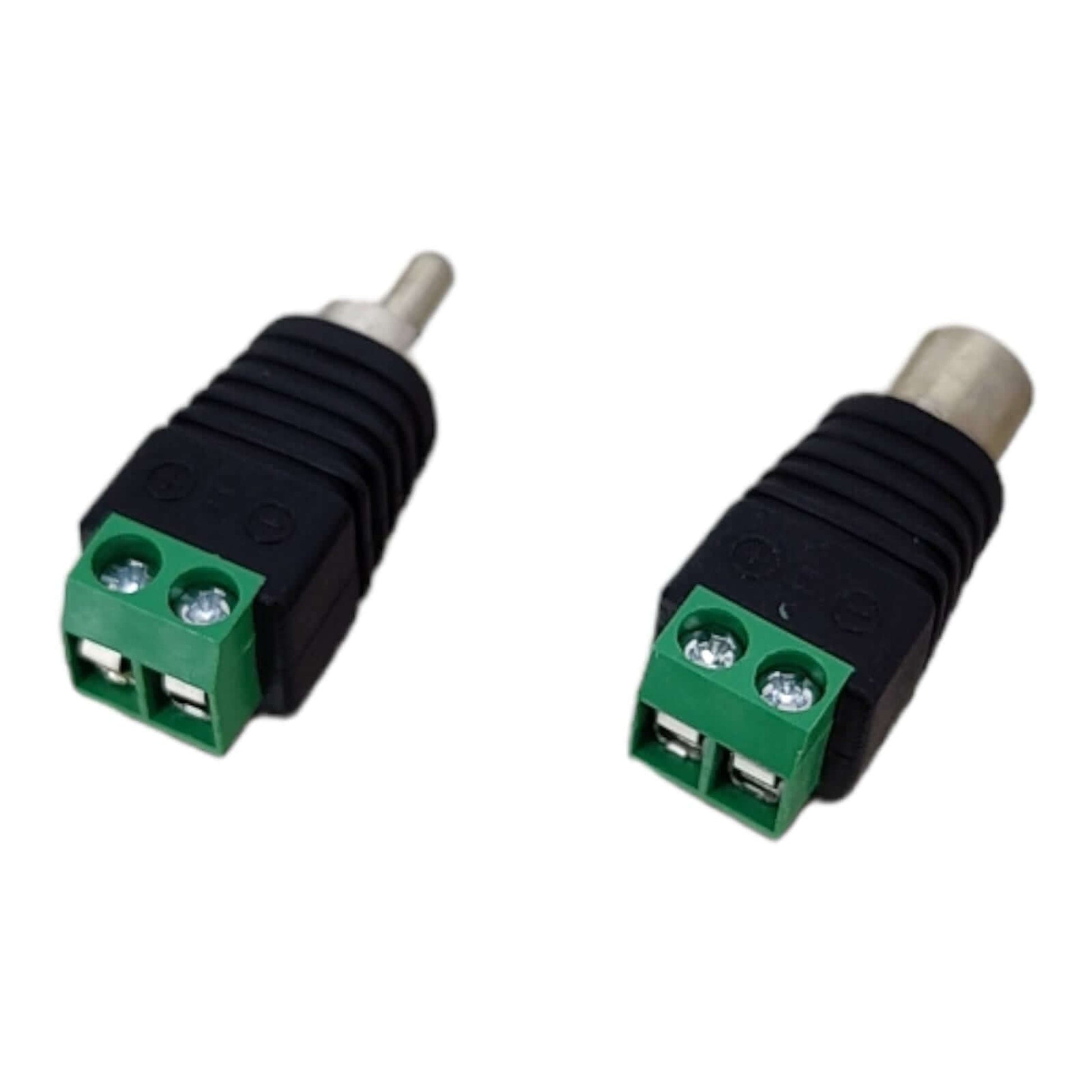 RCA male and female connectors, phono to AV screw terminal adapter for CCTV audio video installations.