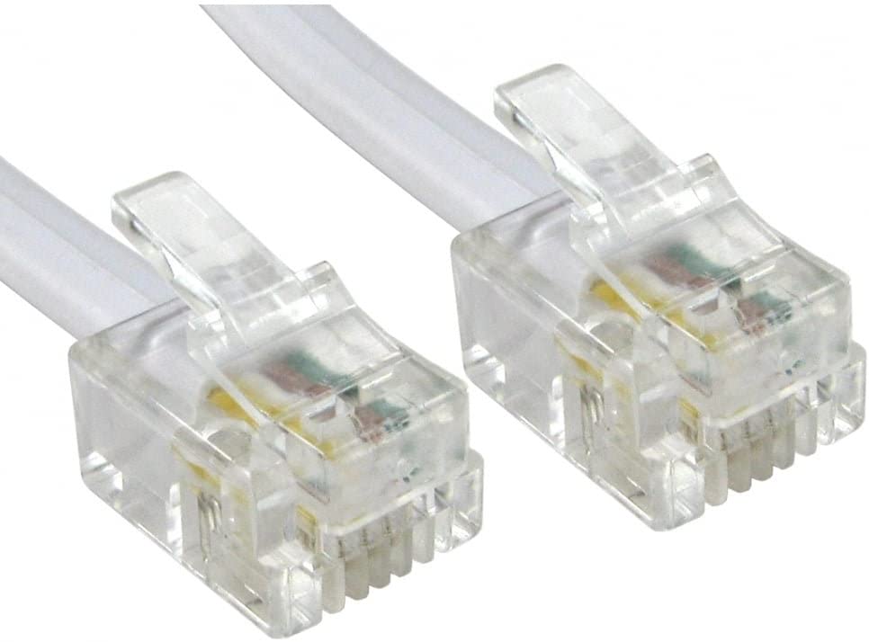 A close-up view of two clear plastic RJ11 male telephone cable connectors with four pins.