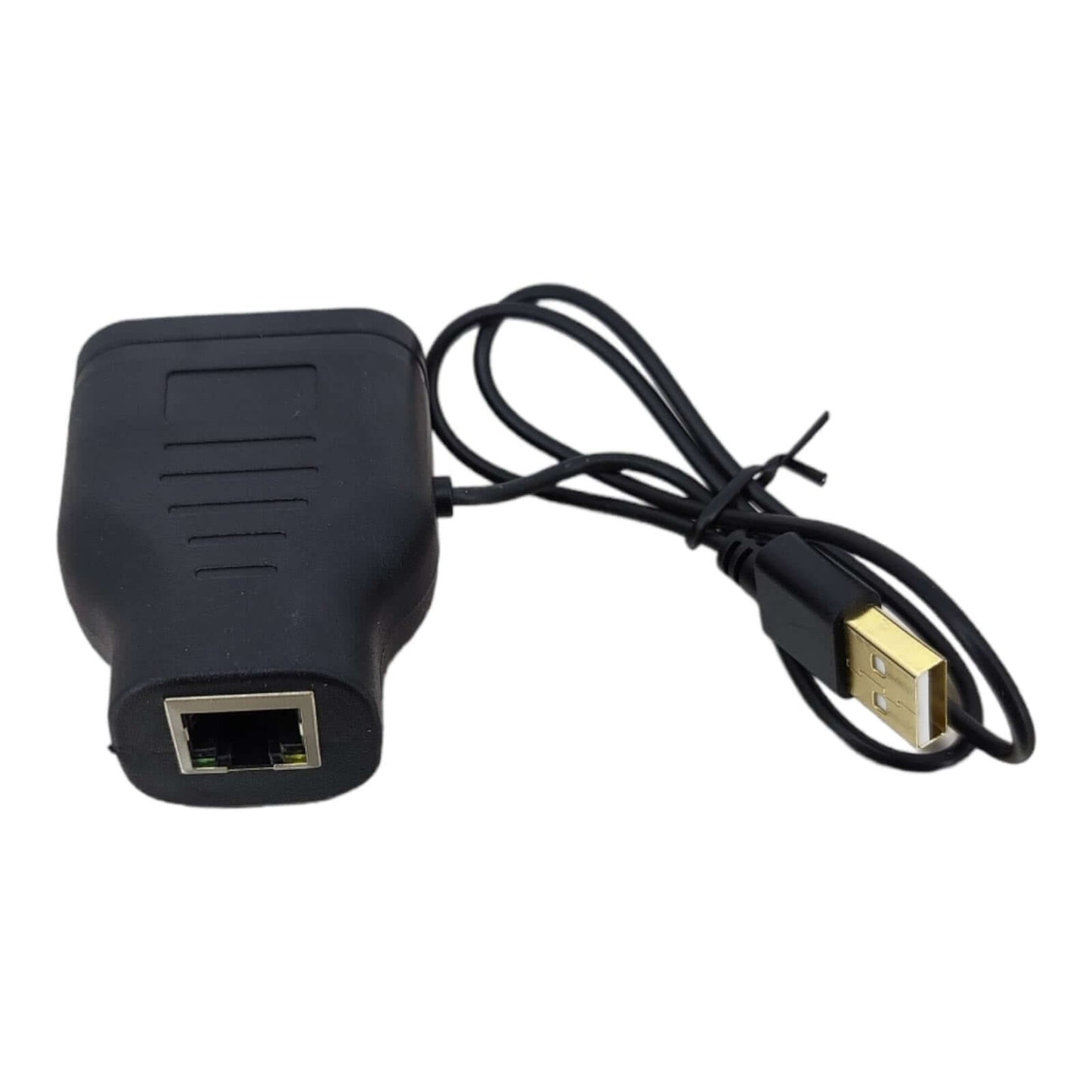 Rear view of the RJ45 network splitter showing the single female input port and the gold-plated USB power plug.