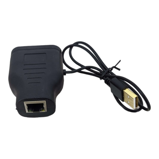 Rear view of the RJ45 network splitter showing the single female input port and the gold-plated USB power plug.