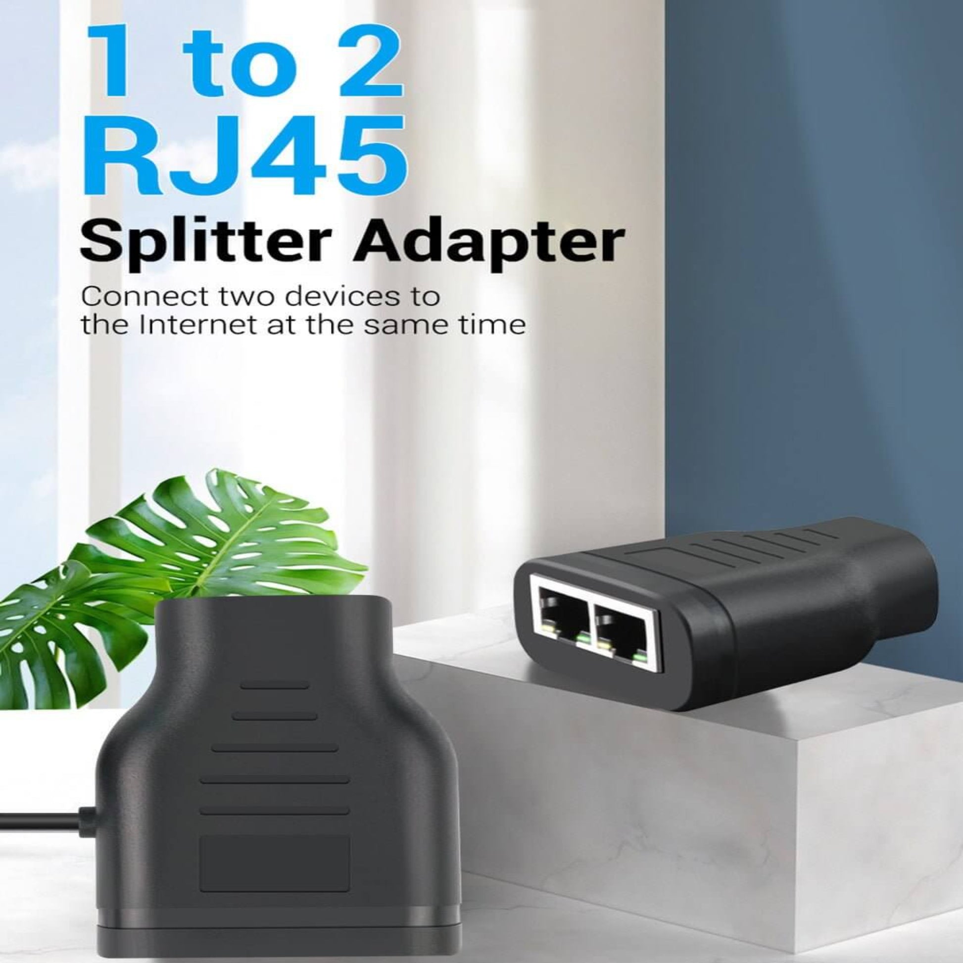 1 to 2 RJ45 Splitter Adapter overview showing key features: expanded ports, metal shielding, and 100Mbps Ethernet support.
