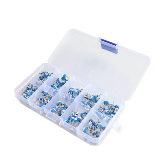 100-piece RM065 blue and white variable resistor kit with storage box showing 10 different values.
